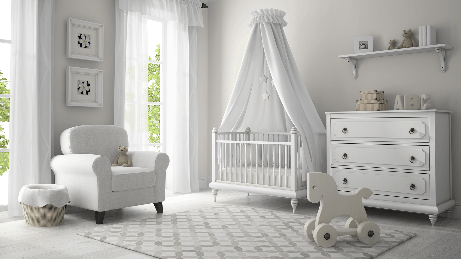living room with baby stuff